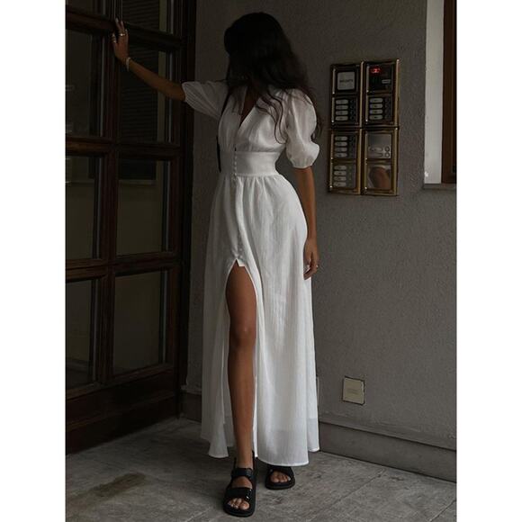 Commense Coastal Frenchy Cottage Flowy Button Split Long Dress White Maxi Small - Picture 1 of 9